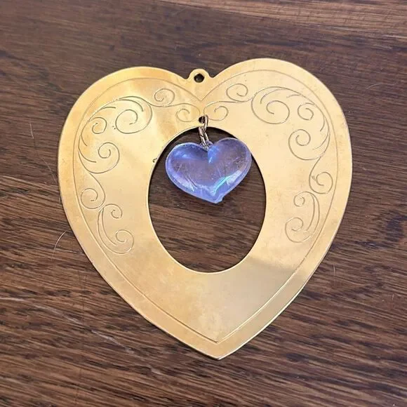 Vtg 1991 Gloria Duchin gold‎ brass heart ornament/floating clear plastic heart