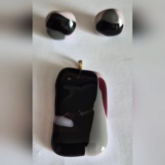 Handmade Black, White & Pink Glass Pendant and Earring Set