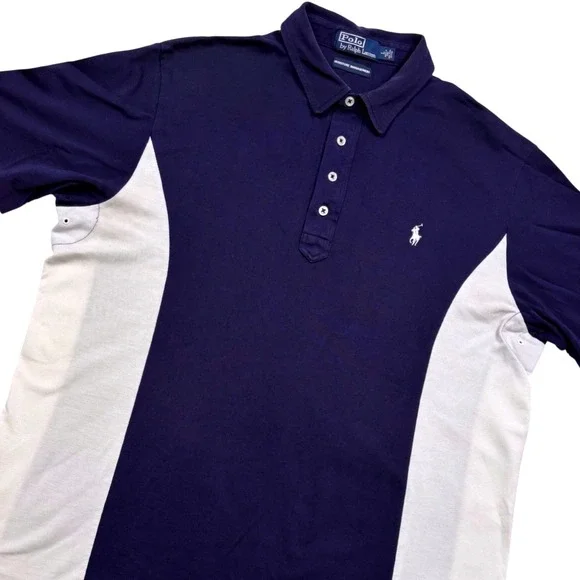 Polo Ralph Lauren Polo Shirt Mens L Navy Blue White Colorblock Wicking Vented