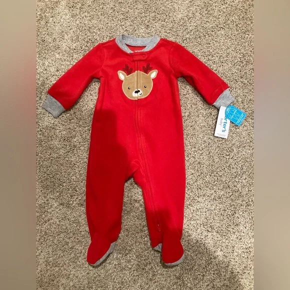 NWT Carter’s reindeer zip up fleece sleeper one piece Christmas holiday red pj