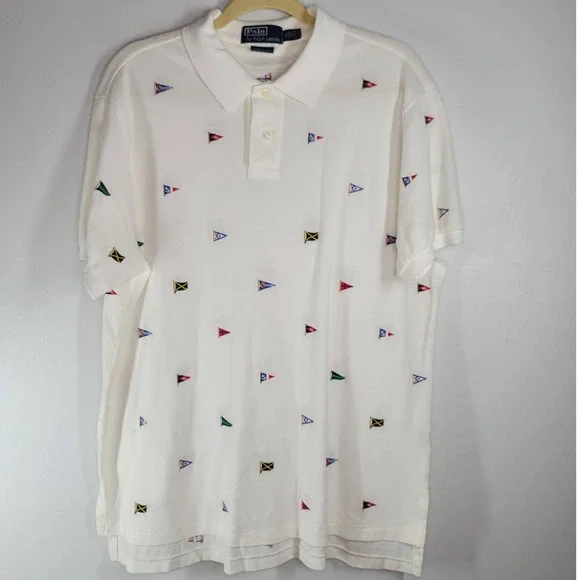 Polo By Ralph Lauren Polo Shirt Hampton Size XL Nautical Flags Embroidered White
