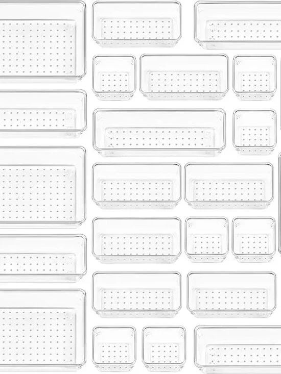 25 PCS Clear Plastic Drawer Organizers Set, 4-Size Versatile Bathroom and Vanity