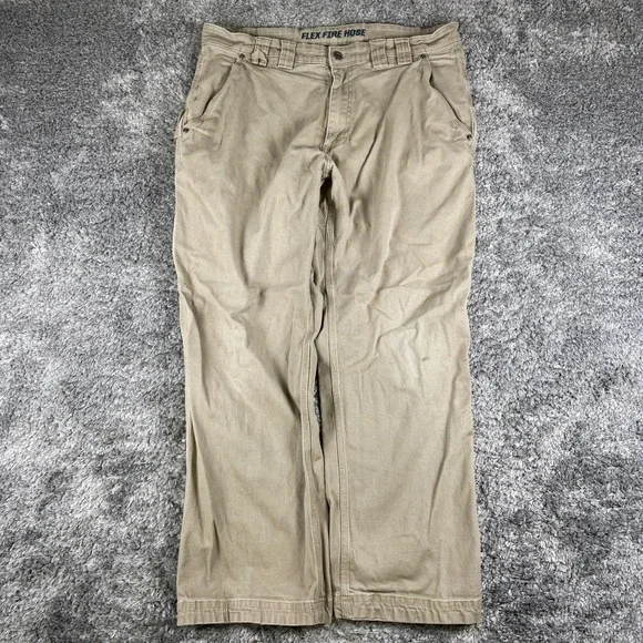 Duluth Flex Fire Hose Pants Mens 37x30 Tan Relaxed Fit Utility Workwear Cargo