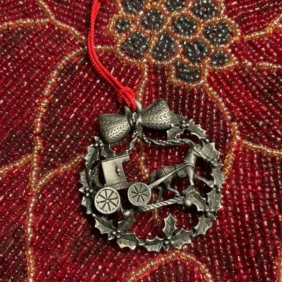 Vintage Pewter Amish Horse And Buggy Christmas Ornament