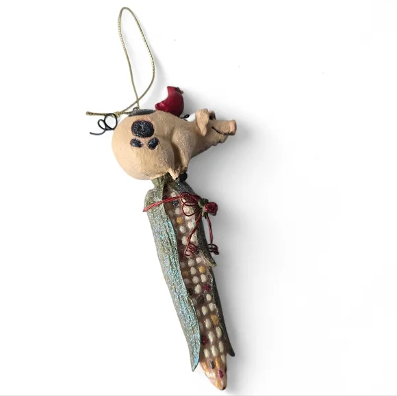 Whimsical Pig on Corn Ornament with Cardinal Folk Art Christmas Tree Decor