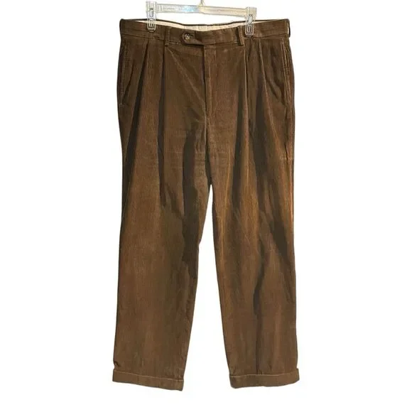 VTG Jos. A. Bank Mens Pants Green Corduroy Straight Cuffed Pleat Chinos Size 35