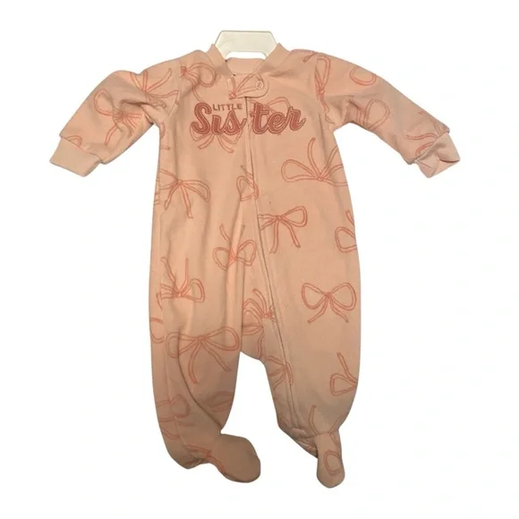 Little Sister Pink One Piece Baby PJs with cute bow design size 0-3 months NWT