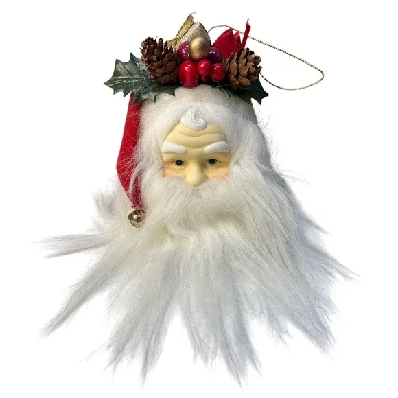 Santa Head Christmas Ornament‎ Faux Fur Beard Pinecone Berry Crown Vintage
