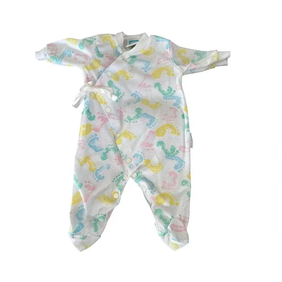 Little Me Vintage Footed Sleeper Pastel Footprint Kimono Snap‎ Newborn 0-11 lbs