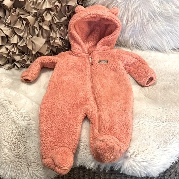 Eddie Bauer Coral Infant Baby Fleece Plush Teddy Bear Hoody Onesie Snuggy 0-3 mo