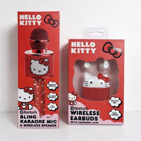 Hello Kitty Bluetooth Karaoke Mic & Wireless Earbuds Bundle Sanrio NEW