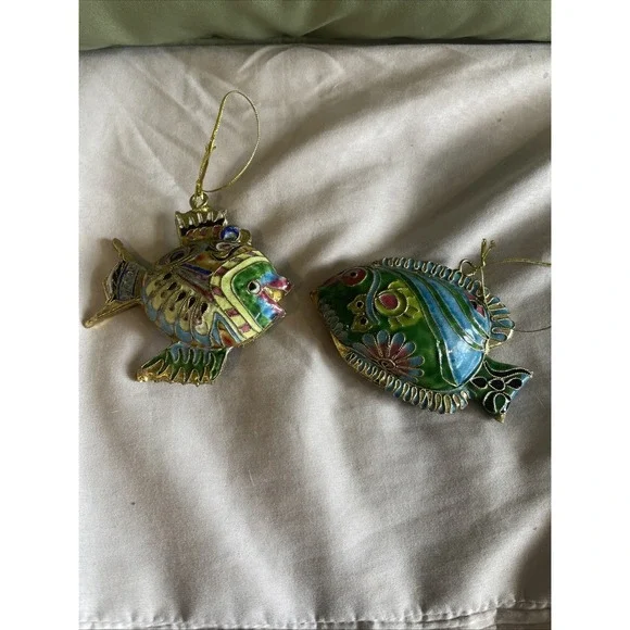 Cloisonné Fish Ornament Gold Teal Blue Multi Enamel Tropical Embellish‎ Vintage