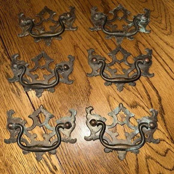 Lot Of 6 Antique Salvaged Brass Drawer Pulls 3