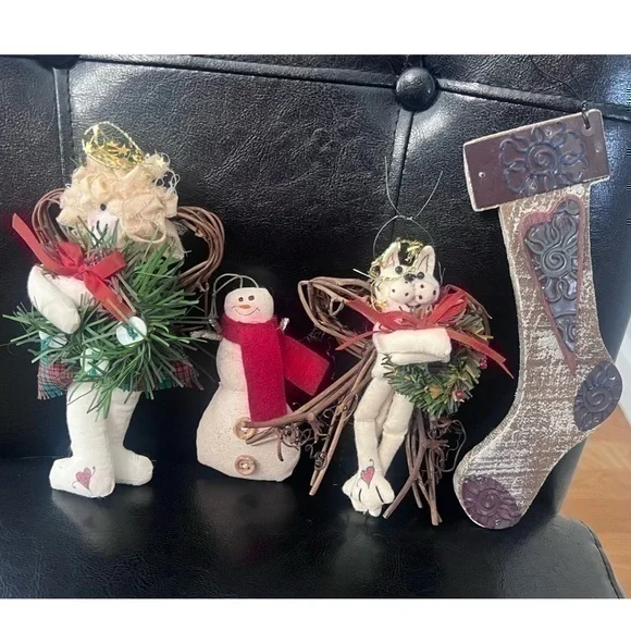 Handcrafted Christmas Tree Ornaments Set Angel Cat Snowman & Stocking