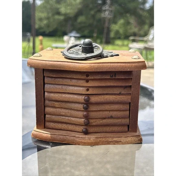Vintage Mid Century Drawer Coaster Set, Brass / Wood / Cork / Set of 8