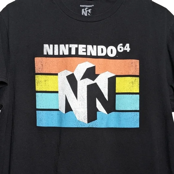 Nintendo 64 Black T-Shirt N64 Logo Over Stripes Men's Large Vintage Look EUC