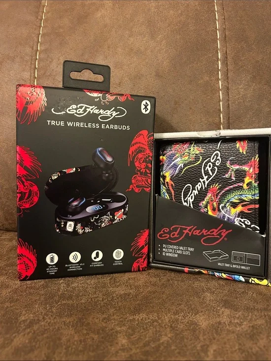 Ed Hardy True Wireless Earbuds - Black with Multicolor Design & Men Wallet