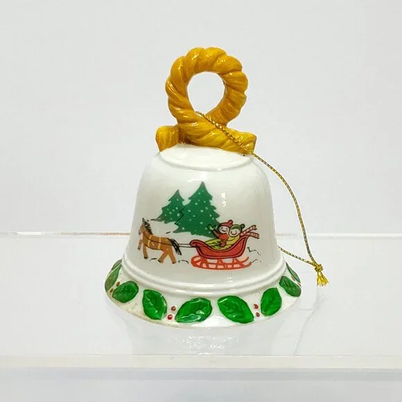 Christmas Ceramic Bell Ornament w/ Teddy Bear Clapper Holiday Design Circa 1980s