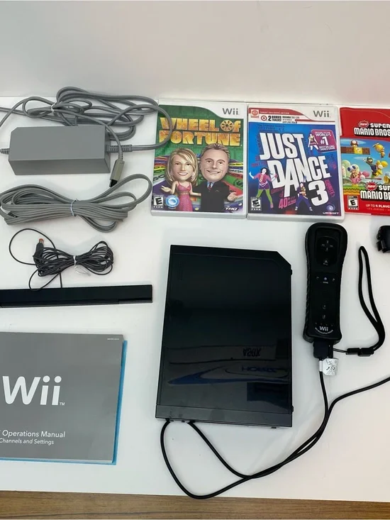 Nintendo Wii Black Console Bundle with Remote, Sensor Bar & Games