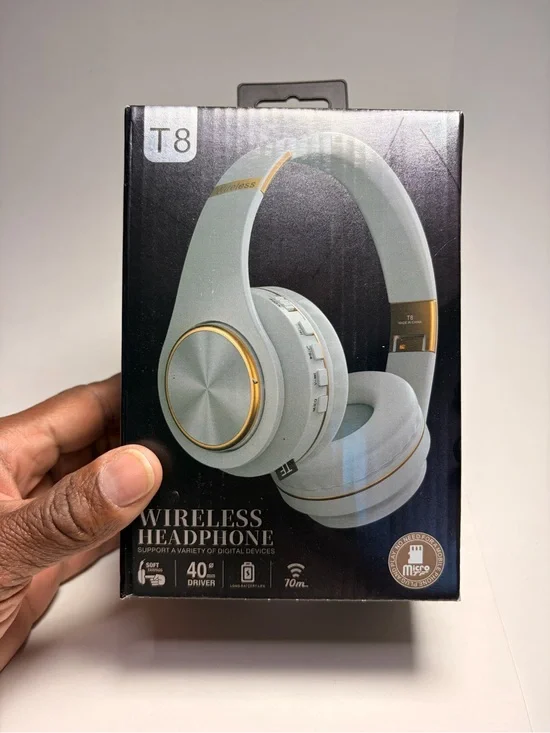 T8 Wireless Headphones in Light Gray with Gold Accents