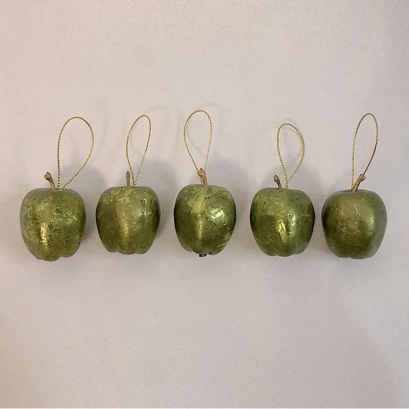 💘 Vintage Green Metallic Styrofoam Apple Ornaments Set Of Five