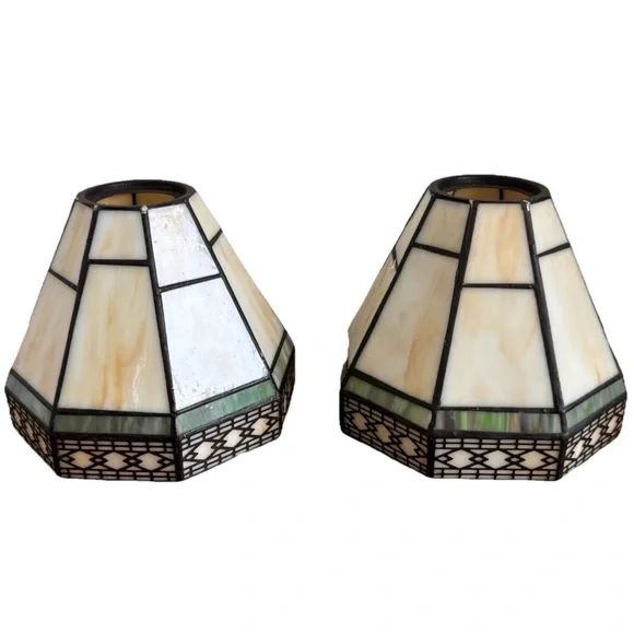 Stained Glass Mosaic Table Lamp Shade Pair in Ivory and Green