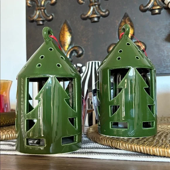 🆕2 Glazed Ceramic Pine Tree Cutout Lanterns