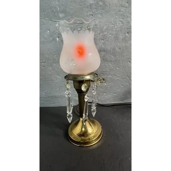 Vintage Astral Brass Boudoir Lamp Crystal Prism Drops Glass Shade Electric