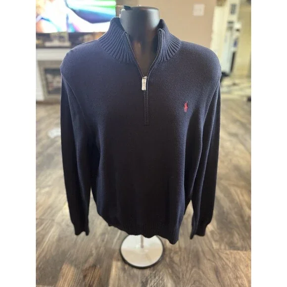 NEW Polo Ralph Lauren Sweater! Blue 1/2 Zip Leather Pull