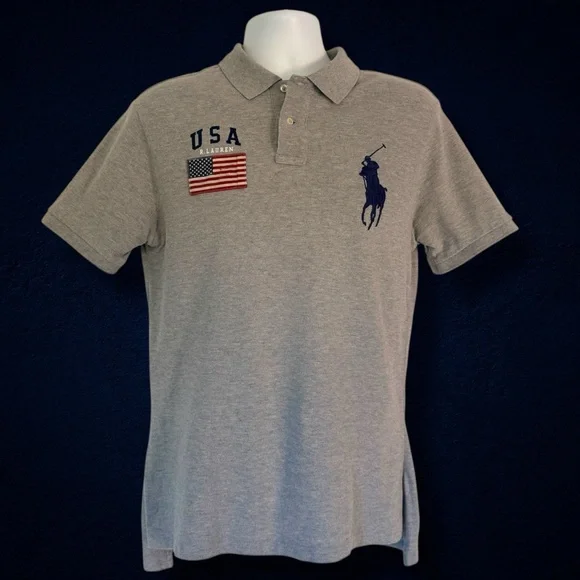 Polo Ralph Lauren USA Flag Polo Shirt XL Custom Fit Athletic V-Fit Gray