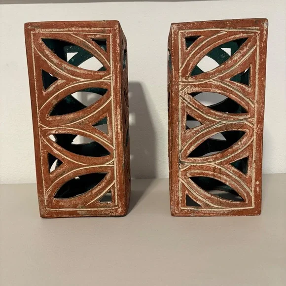 Terracotta Geometric Lattice Candle Lanterns Pair Rustic Teal Interior 10.5in