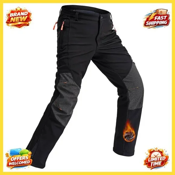 Men's Waterproof Fleece-Lined Ski Pants, Windproof Softshell with Zippered