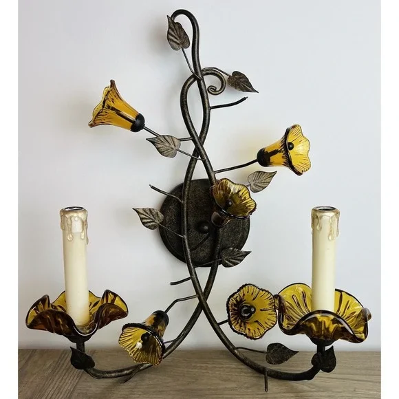 Quoizel Amber Art Glass Floral Vine Wall Sconce 2-Light Bronze Rustic Rare