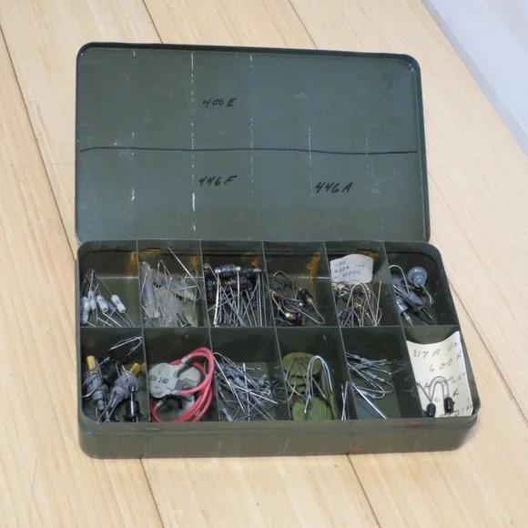 Vintage Assorted Lot of Resistors Lights etc. in Metal Case Lineman 1