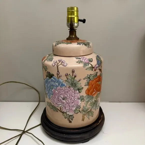 Chinese Ginger Jar Table Lamp Enamel Porcelain Pink Floral Bird Chinoiserie