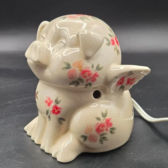 Shabby Chic Ceramic Flying‎ Pig Night Light With Roses and Wings VINTAGE