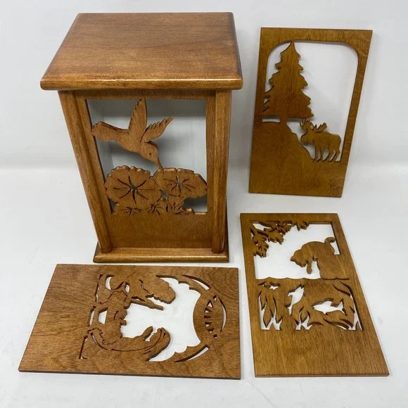 Vintage Handmade Wood Table Night Light w 4 Interchangeable Carved Front Panels
