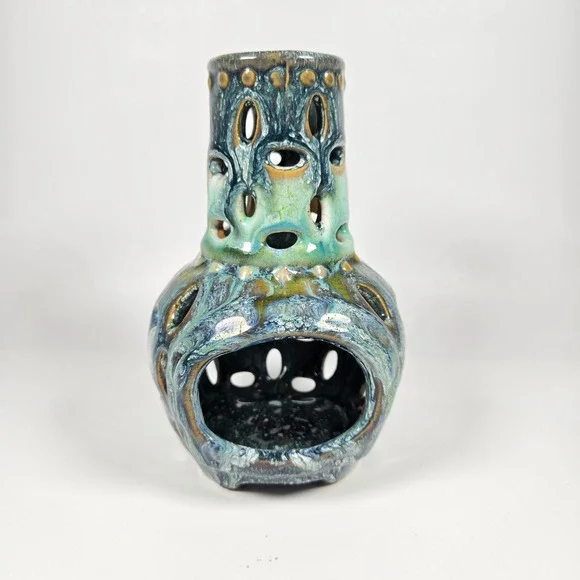 Beautiful‎ Chiminea Handmade Iridescent Glazed Ceramic Candle Holder blue green