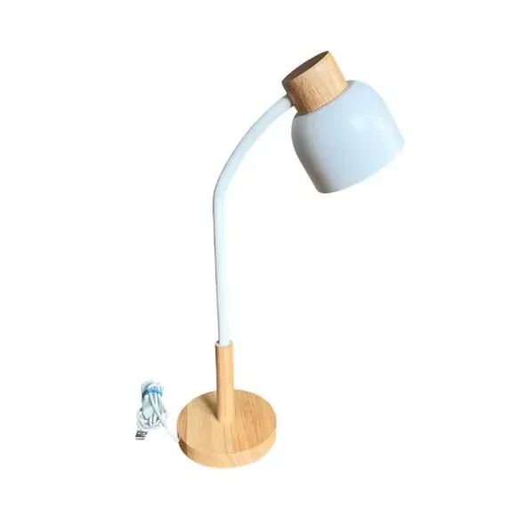 Modern Wood & White Desk Lamp USB Powered Adjustable Gooseneck Table Light