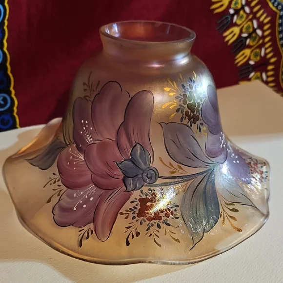 Signed Handcrafted/painted Lustrous Irridescant Glass Lamp Shade