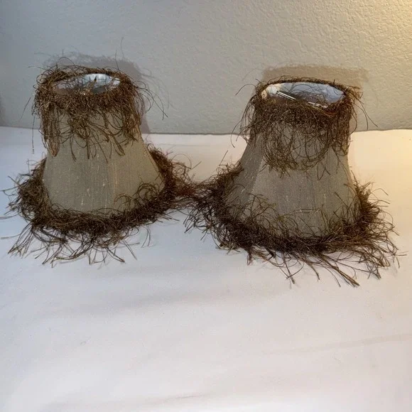 New Vintage Set Of 2 Silk Brown Gold Fringe Clip On Mini Lamp Shade 5 x 6