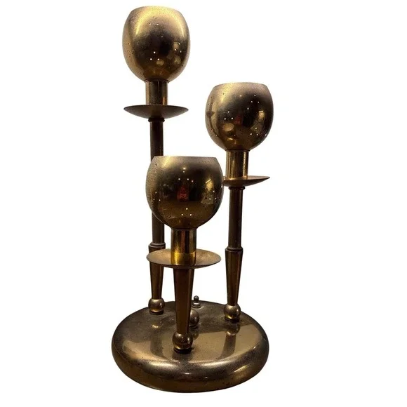 Vintage brass table lamp 3-way switch midcentury modern atomic perforated shades