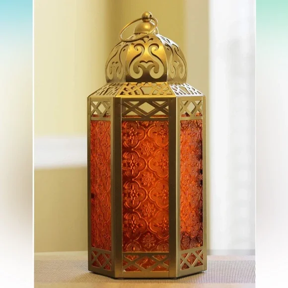 Lanterns Metal Moroccan Decorative Candle Holder. Gold, Amber Glass, Large