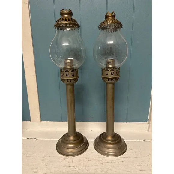 Pair Vintage Victorian Brass Oil Lamps Hurricane Glass Domes Ornate Tops *read