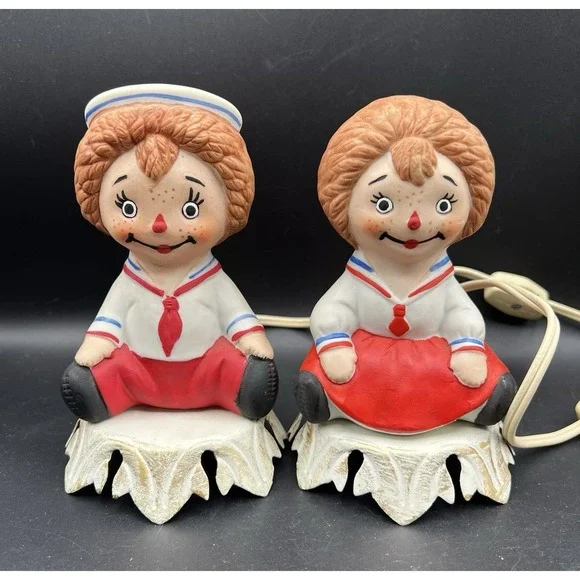 VTG Raggedy Ann & Andy Portable Ceramic Lamp Set Metal Base Underwriter Lab