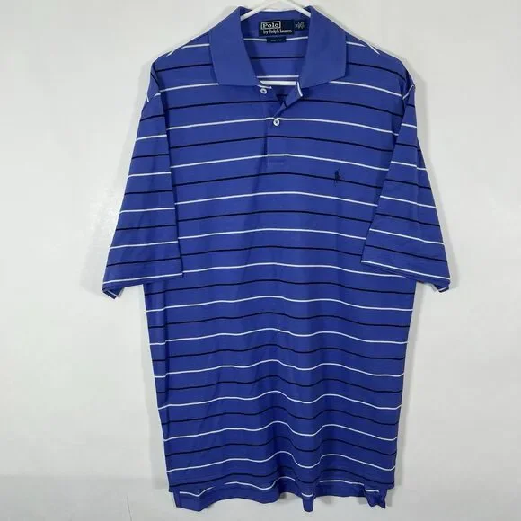 Polo Ralph Lauren Golf Fit Polo Shirt Mens Size Medium Blue Striped Navy Pony