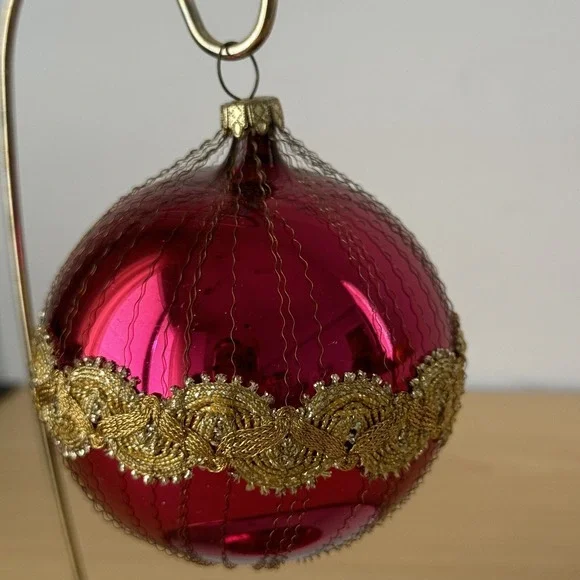 Vtg Wire Wrapped Pink Christmas Ornament GERMANY Gold Lace Round Glass Blown