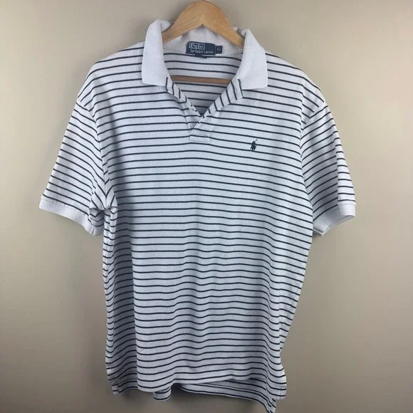 Polo Ralph Lauren XL Striped Polo Shirt White Navy Blue Short Sleeve 100% Cotton