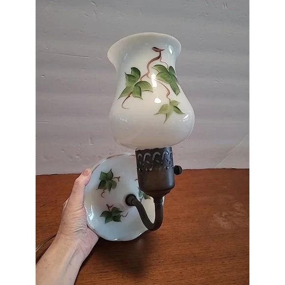 Vintage Ivy Hand Painted Milk Glass Wall Sconce Lamp Green Leaves Works