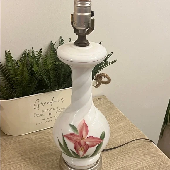 Mid Century Vintage painted Floral Glass Lamp with Pink and Green Accents.